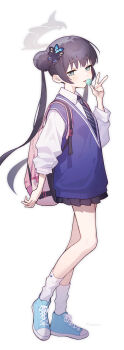 Rule 34 | 1girl, alternate costume, backpack, bag, black hair, black skirt, blue archive, blue shoes, butterfly hair ornament, candy, collared shirt, commentary request, food, full body, hair bun, hair ornament, hakasesuicchi, halo, highres, holding, holding candy, holding food, holding lollipop, kisaki (blue archive), lollipop, long hair, long sleeves, looking at viewer, miniskirt, necktie, parted lips, pink bag, school uniform, shirt, shoes, simple background, skirt, socks, solo, standing, twintails, v, vest, white background, white shirt, white socks