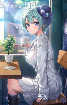 1girl ahoge blue_eyes blue_hair blue_hat blue_nails blush breasts cafe chair closed_mouth coffee commission cup dress hair_between_eyes hat highres holding holding_cup indoors large_breasts looking_at_viewer mini_hat mirukurim nail_polish on_chair original restaurant short_hair sitting skeb_commission solo thighs white_dress