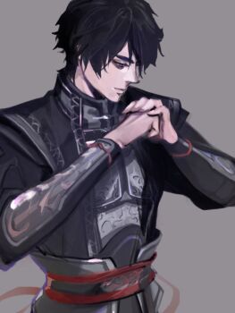 Rule 34 | 1boy, bags under eyes, belt, black coat, black hair, chinese clothes, closed mouth, coat, cracking knuckles, grey background, hair between eyes, highres, male focus, nini tw99, pale skin, red belt, shin sangoku musou, shin sangoku musou origins, short hair, sketch, solo, upper body, vambraces, ziluan (shin sangoku musou)