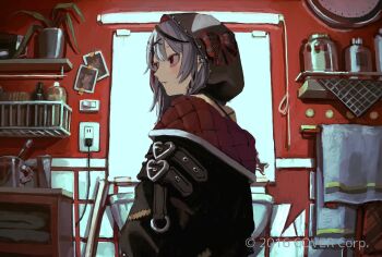 1girl absurdres animal_hood black_hair black_jacket boku_abara bottle clock cup fluorescent_lamp grey_hair hair_ornament highres hololive hood indoors jacket light_switch medium_hair mirror mug multicolored_hair off-shoulder_jacket off_shoulder official_art orca_hood plant plug potted_plant red_eyes sakamata_chloe sakamata_chloe_(1st_costume) shelf solo streaked_hair toothbrush upper_body virtual_youtuber x_hair_ornament