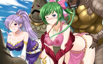 2girls absurdres all_fours bent_over blue_eyes boots bow breasts cleavage clothed_sex dress fire_emblem fire_emblem:_genealogy_of_the_holy_war gangbang grabbing_another&#039;s_ass green_hair groping group_sex highres ishtar_(fire_emblem) lene_(fire_emblem) long_tongue monster multiple_girls nintendo ponytail purple_eyes purple_hair rape sex tears tentacles the-sinner thigh_boots tongue torn_clothes undead zombie