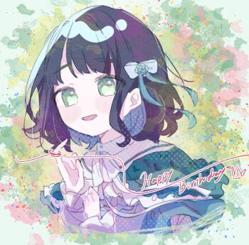 1girl :d aqua_flower aqua_ribbon asanegi_(asane_gi) black_hair blue_bow blunt_bangs bob_cut bow capelet commentary_request costume_request flower frilled_capelet frills green_background green_capelet green_eyes hair_bow hair_flower hair_ornament hair_ribbon happy_birthday link!_like!_love_live! looking_at_viewer love_live! momose_ginko neck_ribbon open_mouth pinky_out ribbon short_hair sidelocks smile solo string string_of_fate virtual_youtuber white_ribbon