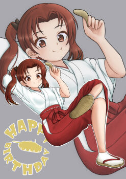 1girl absurdres amanone_yun blush breasts brown_eyes brown_hair closed_mouth commentary_request girls_und_panzer highres japanese_clothes kadotani_anzu long_hair looking_at_viewer miko multiple_views small_breasts smile twintails