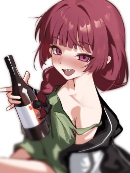 1girl amamiyayk blunt_bangs blush bocchi_the_rock! bottle braid chinese_commentary collarbone commentary_request dress green_dress highres hiroi_kikuri holding holding_bottle jacket looking_at_viewer open_clothes open_jacket purple_eyes purple_hair sharp_teeth single_braid solo teeth white_background