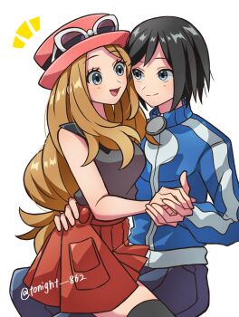 Rule 34 | 1boy, 1girl, black hair, black thighhighs, blonde hair, blue jacket, blush, breasts, calem (pokemon), closed mouth, eyewear on headwear, grey eyes, hat, highres, holding hands, jacket, long hair, long sleeves, nintendo, open mouth, pants, pink hat, pokemon, pokemon xy, rain (tonight 862), red hat, red skirt, serena (pokemon), shirt, short hair, sitting, sitting on lap, sitting on person, skirt, sleeveless, sleeveless shirt, smile, sunglasses, thighhighs, turtleneck, turtleneck jacket, white-framed eyewear