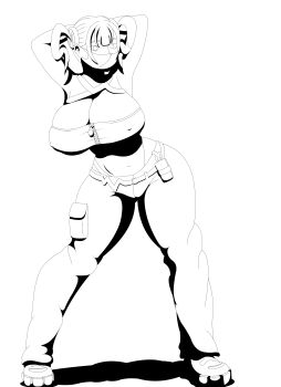 belt black_and_white bra breasts canari_(pokemon) hair_ornament hair_tie mask mask_on_head monochrome navel nintendo pants pokemon rubylola shadow shoes sneakers stomach underwear zipper