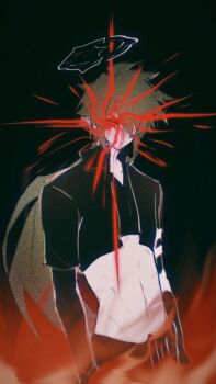 Rule 34 | 1boy, aotu world, black background, black gloves, black pants, black shirt, burning, chinese commentary, commentary request, crop top, cropped jacket, cropped shirt, fire, gloves, glowing, glowing eye, green hair, groin, hair over eyes, halo, highres, long hair, long sleeves, low ponytail, male focus, midriff, navel, outside border, pants, pointy ears, ponytail, red eyes, shirt, simple background, smoke, solo, xander (aotu world), yuottota0-1414