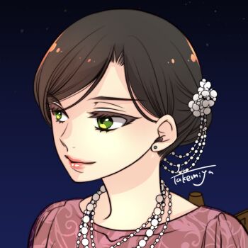 black_hair commission commissioner_upload earrings green_eyes hair_bun irene_(ricky_barnes) jewelry lipstick makeup necklace night night_sky original skeb_commission sky takemiya_jin