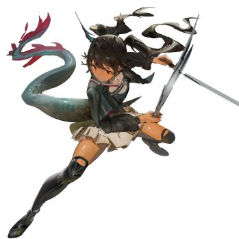 1girl arknights arknights:_endfield black_boots black_hair blue_horns blue_tail boots chen_qianyu_(arknights) closed_mouth commentary dragon_girl dragon_horns dragon_tail dual_wielding eastern_dragon_tail full_body highres holding holding_sword holding_weapon horns knee_boots long_hair long_sleeves pandemoon red_tail simple_background sketch solo sword tail twintails weapon white_background