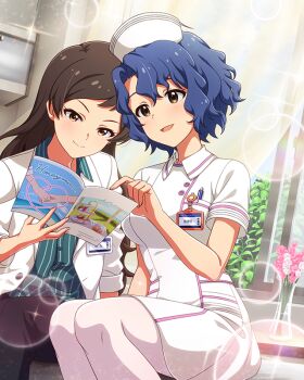 2girls blue_hair breast_pocket brown_eyes brown_hair closed_mouth commentary_request game_cg hat holding idolmaster idolmaster_million_live! idolmaster_million_live!_theater_days indoors kitazawa_shiho long_hair multiple_girls name_tag nurse nurse_cap official_alternate_costume official_art pamphlet pantyhose pocket reading shirt short_hair short_sleeves side-by-side smile sparkle third-party_source toyokawa_fuka white_pantyhose white_shirt