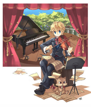 1boy archived_source artist_name black_pants black_shoes black_sleeves black_suit blonde_hair blue_sky blue_vest bow bow_(music) brown_cat brown_fur bush buttons cat closed_mouth collared_shirt commentary_request curtains dress_pants fence flute formal_clothes grand_piano holding holding_bow_(music) holding_flute holding_instrument holding_violin instrument lapels long_sleeves looking_to_the_side music neck_ribbon original pants papers piano playing_instrument red_bow red_ribbon ribbon shade shadow sheet_music shirt shoes signature sitting sky smile stage stage_lights striped_fur suit tail tail_bow tail_ornament tiv vest violin waistcoat white_shirt white_sleeves wing_collar