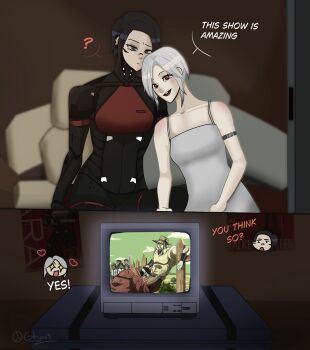 2boys 2girls ariane_yeong blue_eyes couple cyberpunk doofy_ghost dress elster_(signalis) english_text hat highres jojo_no_kimyou_na_bouken joseph_joestar joseph_joestar_(old) metal_skin mohammed_avdol multiple_boys multiple_girls robot_girl signalis smile watching_television white_hair yuri