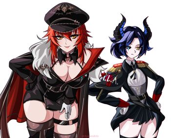 2girls bent_over black_gloves black_hair black_hat black_jacket black_skirt black_thighhighs blue_eyes blue_hair breasts character_request cleavage closed_mouth demon_girl demon_horns fur-trimmed_jacket fur_trim gloves hair_intakes hand_on_own_hip hat heterochromia highres horns indie_virtual_youtuber jacket large_breasts looking_at_viewer military_hat military_jacket military_uniform multiple_girls o-ring o-ring_thigh_strap red_hair skirt small_breasts smile thigh_strap thighhighs virtual_youtuber white_gloves xynian_arts yellow_eyes zentreya zentreya_(commander)