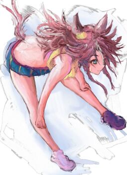 1girl animal_ears asymmetrical_footwear bare_shoulders bent_over blue_skirt breasts brown_hair closed_mouth commentary_request hair_between_eyes hands_on_own_knees horse_ears horse_girl horse_tail long_hair mejiro_palmer_(umamusume) midriff mismatched_footwear multicolored_hair shirt shoes skirt solo streaked_hair tail umamusume white_hair yanagi_wakana yellow_shirt