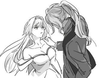 1boy 1girl archetype_earth arcueid_brunestud bare_shoulders breasts cassock cleavage collarbone commentary_request detached_sleeves dress floating_hair from_above glasses gyogyo_hjj hair_between_eyes hair_intakes hand_on_another's_shoulder highres huge_breasts korean_commentary long_hair looking_at_viewer michael_roa_valdamjong michael_roa_valdamjong_(human) monochrome open_mouth ponytail priest standing stole tsukihime very_long_hair wavy_hair