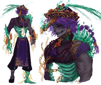 1boy adapted_costume bead_necklace beads black_sclera braid chain chinese_clothes colored_sclera colored_skin earrings facial_mark fire full_body glowing glowing_eye gold_chain gold_earrings green_eyes green_fire grey_skin hat heterochromia highres hole_in_stomach identity_v jewelry jiangshi long_hair looking_at_viewer male_focus multiple_views muscular muscular_male necklace norton_campbell norton_campbell_(soul_catcher) ofuda parted_lips purple_hair qingdai_guanmao red_eyes redcurses shirt sleeveless sleeveless_shirt standing stitched_arm stitched_chest stitched_mouth stitches tassel tassel_earrings upper_body white_background