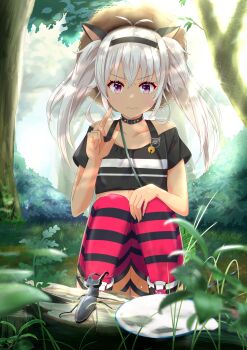 Rule 34 | 1girl, absurdres, beetle, black collar, black shirt, black thighhighs, bug, closed mouth, collar, dark-skinned female, dark skin, grey hair, hat, highres, insect, looking at viewer, matsukai mao, matsukai mao (1st costume), morinooyazi, nijisanji, outdoors, purple eyes, red thighhighs, shirt, solo, spiked collar, spikes, stag beetle, straw hat, striped clothes, striped thighhighs, thigh strap, thighhighs, twintails, virtual youtuber