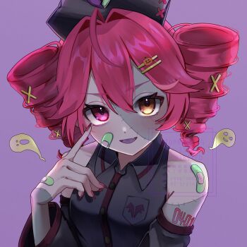 Rule 34 | 1girl, ahoge, alternate eye color, bandaid, bandaid on arm, bandaid on face, bandaid on hand, bandaid on neck, bandaid on shoulder, bare shoulders, black hat, black shirt, black sleeves, blush, brown eyes, collared shirt, commentary, detached sleeves, double-parted bangs, drill hair, fang, fangs, fingernails, ghost, h raj (pixiv 93311327), hair between eyes, hair intakes, hair ornament, hairclip, hat, heterochromia, highres, kasane teto, long fingernails, looking at viewer, medium hair, nail polish, number tattoo, nurse cap, open mouth, patchwork skin, purple background, red eyes, red hair, red nails, shirt, shoulder tattoo, simple background, skin fang, sleeveless, sleeveless shirt, smile, solo, stitched arm, stitched face, stitches, tattoo, twin drills, upper body, utau, watermark, x hair ornament, yellow eyes, zombie