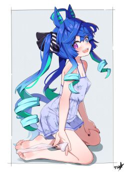1girl @_@ absurdres ahoge animal_ears barefoot black_nails blue_eyes blue_hair boppin breasts commentary commission dress english_commentary feet heterochromia highres horse_ears horse_girl horse_tail long_hair looking_at_viewer open_mouth sharp_teeth small_breasts soles solo tail teeth toes twin_turbo_(umamusume) twintails umamusume variant_set