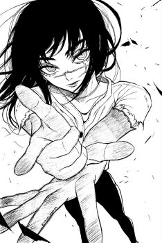 1girl chainsaw_man elbow_gloves facial_scar finger_gun gloves greyscale highres long_hair maruimonoga monochrome outstretched_arms pants ringed_eyes scar scar_on_cheek scar_on_face scar_on_nose solo torn_clothes torn_sleeves yoru_(chainsaw_man)