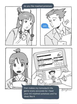 Rule 34 | 1boy, 1girl, ?, ??, ace attorney, artist name, collared shirt, doughzzu, formal clothes, greyscale, handheld game console, highres, holding, holding handheld game console, holding stylus, japanese clothes, magatama, maya fey, miles edgeworth, monochrome, necktie, nintendo 3ds, open mouth, phoenix wright, shirt, spiked hair, stylus, suit, sweatdrop, tomodachi life, twitter username
