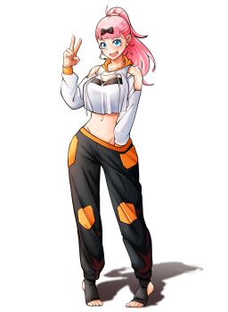Rule 34 | 1girl, absurdres, black bow, black pants, black socks, blue eyes, blunt bangs, bow, breasts, cropped hoodie, dilan griz, fujiwara chika, full body, groin, hair bow, hand in pants, hand up, hashtag-only commentary, headset, highres, hood, hood down, hoodie, kaguya-sama wa kokurasetai ~tensai-tachi no renai zunousen~, large breasts, long hair, long sleeves, looking at viewer, my nonfiction, navel, open mouth, pants, pink hair, ponytail, shadow, simple background, smile, socks, solo, standing, stirrup footwear, stomach, v, white background, white hoodie