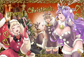 2boys 2girls alternate_costume antlers bell breasts camilla_(fire_emblem) candy candy_cane christmas christmas_ornaments christmas_tree cleavage elise_(fire_emblem) fake_antlers fire_emblem fire_emblem_fates food gift hair_over_one_eye highres horns large_breasts leo_(fire_emblem_fates) leotard long_hair looking_at_viewer merry_christmas multiple_boys multiple_girls nintendo purple_eyes purple_hair reindeer_antlers santa_costume smile strapless strapless_leotard tsulala44_(oi_thanks) very_long_hair wavy_hair xander_(fire_emblem)