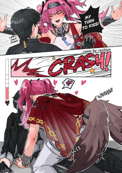 1boy 1girl absurdres artist_name bare_shoulders black_hair breasts closed_eyes collar commentary earrings english_commentary english_text hairband heart hetero highres jewelry long_hair lupa_(wuthering_waves) male_rover_(wuthering_waves) medium_breasts metal_collar metal_hairband open_mouth pink_hair red_sash rezilism rover_(wuthering_waves) sash smile spoken_heart tail tail_wagging twintails wolf_tail wuthering_waves