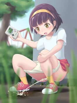 1girl blue_shirt blush brown_hair bush collarbone flat_chest game_boy game_boy_(original) grass hairband hand_on_own_knee handheld_game_console highres kusashige loli looking_down nintendo open_mouth original panties panty_pull pavement peeing puddle red_shoes red_skirt shirt shoes short_hair short_sleeves skirt sky sneakers socks squatting swing_set tetris tree underwear video_game white_panties yellow_eyes yellow_hairband yellow_socks