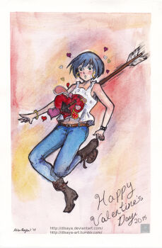 Rule 34 | 1girl, :o, arrow through heart, blue hair, blue pants, blush, boots, border, bracelet, brown boots, commentary, dated, denim, deviantart username, disaya, earrings, english commentary, full body, gouache (medium), green eyes, happy valentine, heart, hoop earrings, jeans, jewelry, navel, open mouth, original, painting (medium), pants, signature, solo, stomach, tank top, traditional media, tumblr username, valentine, watercolor (medium), watermark, web address, white border, white tank top
