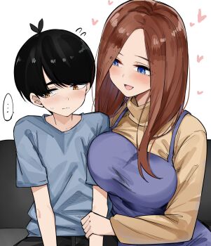 1boy 1girl age_difference age_regression aged_down apron averting_eyes black_hair blue_eyes blue_shirt blush breasts couch go-toubun_no_hanayome heart highres large_breasts long_hair mame1645 nakano_miku onee-shota red_hair shirt shota sitting sweater uesugi_fuutarou yellow_eyes