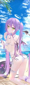 1girl absurdres ass bibi_(tokoyami_towa) bikini blush breasts colored_inner_hair demon_girl demon_tail demon_wings ear_piercing from_behind green_eyes hai_0013 hair_ornament hairclip highres hololive long_hair looking_at_viewer multicolored_hair ocean outdoors piercing pink_hair purple_hair sky solo streaked_hair swimsuit tail tail_ornament tail_piercing tokoyami_towa twintails virtual_youtuber white_bikini wings