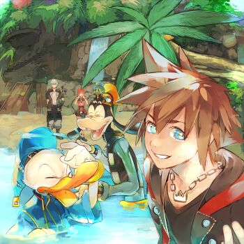 1girl 5boys absurdres beach blue_eyes brown_hair chain chain_necklace closed_eyes crown_necklace dog_boy donald_duck duck_boy furry furry_male gloves goofy grey_hair grin hat highres in_water jewelry jiminy_cricket kairi_(kingdom_hearts) kingdom_hearts kingdom_hearts_iii long_hair looking_at_viewer multiple_boys necklace ocean open_mouth outdoors palm_tree pon223 red_hair riku_(kingdom_hearts) short_hair smile sora_(kingdom_hearts) spiked_hair splashing standing tree water waterfall wet white_gloves