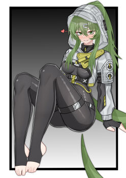 Rule 34 | 1girl, absurdres, arknights, arknights: endfield, arm support, black bodysuit, black gloves, bodysuit, border, breasts, commentary request, fingerless gloves, fluorite (arknights), full body, gloves, gradient background, green eyes, green hair, grey background, grey shrug, grin, hair between eyes, heart, highres, hood, hood up, hooded shrug, long hair, long sidelocks, medium breasts, muusn, outside border, ponytail, shrug (clothing), sidelocks, sitting, smile, snake girl, snake tail, solo, stirrup legwear, tail, toeless bodysuit, toeless legwear, white border