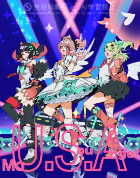 3girls :d angels_of_delusion aria_(human)_(zenless_zone_zero) aria_(zenless_zone_zero) arm_warmers bag bangboo_(zenless_zone_zero) bare_back biggest_fan_(zenless_zone_zero) black_hair black_skirt black_thighhighs center_frills closed_eyes collared_shirt colored_inner_hair commentary_request crossed_bangs dancing dress earrings fingerless_gloves frills fur-trimmed_skirt fur-trimmed_sleeves fur_trim gloves green_hair green_halo hair_between_eyes hair_ornament hairclip hairpin halo highres holding jewelry leg_up leg_warmers megaphone multicolored_hair multiple_girls multiple_hairclips musical_note_earrings nangong_yu necktie one_eye_closed open_mouth pink_arm_warmers pink_bag pink_gloves pink_hair red_eyes red_necktie scar scar_on_back shirt short_twintails skirt smile striped_arm_warmers sunna_(zenless_zone_zero) thighhighs too_many_bows twintails v white_dress white_shirt white_wings wings zenless_zone_zero zunda_kaku