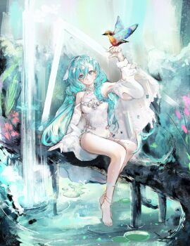 1girl 37_(down_in_the_grotto)_(reverse:1999) 37_(reverse:1999) anklet bare_shoulders barefoot bird bird_on_hand blue_eyes blue_hair breasts cape detached_sleeves full_body hair_between_eyes hair_ornament hand_up highres jewelry lily_pad long_hair looking_at_viewer medium_breasts on_branch one-piece_swimsuit plant reverse:1999 scenario sitting sitting_on_branch solo swimsuit very_long_hair water waterfall white_cape white_one-piece_swimsuit wide_sleeves