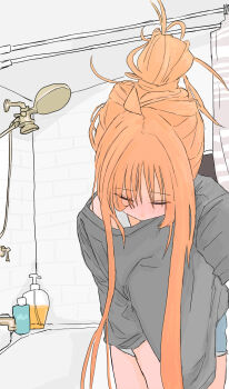 1girl blue_shorts blush bocchi_the_rock! closed_eyes commentary_request grey_shirt hair_bun hair_up highres ijichi_nijika leaning_forward mentos_pepsi shampoo_bottle shirt shorts shower_head solo