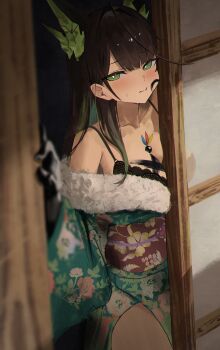 1girl absurdres alternate_costume animal_ears arknights bare_shoulders black_bra black_hair blush bra breasts cat_ears cleavage commentary floral_print floral_print_kimono green_eyes green_hair highres japanese_clothes kimono large_breasts long_hair looking_at_viewer mon3tr_(arknights) print_kimono shikyou_yoru shouji sliding_doors solo underwear very_long_hair