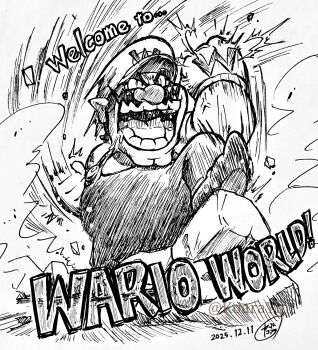 Rule 34 | 1boy, 2025, dated, drooling, english text, facial hair, gloves, greyscale, hat, monochrome, motion lines, mustache, open mouth, overalls, rock, saliva, saliva trail, smile, solo, wario, wario land, wario world, yamato koara