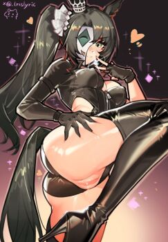 1girl alternate_costume baobao771100 black_leotard blush boots breasts closed_mouth clothing_aside commentary_request ear_ornament ear_through_crown green_eyes green_hair green_tail hair_ornament half_mask hand_on_own_thigh high_heel_boots high_heels leg_up leotard leotard_aside long_hair looking_at_viewer mask medium_breasts pussy satono_crown_(umamusume) side_ponytail smile solo thigh_boots thighs umamusume very_long_hair zipper_pull_tab