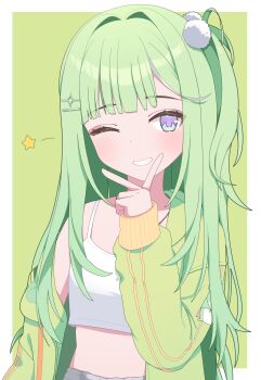 Rule 34 | 1girl, absurdres, blue eyes, border, camisole, commentary request, green background, green hair, green jacket, grin, hair intakes, hair ornament, hairclip, hand up, highres, hood, hood down, hooded jacket, jacket, long hair, long sleeves, looking at viewer, off shoulder, one side up, open clothes, open jacket, puffy long sleeves, puffy sleeves, sleeves past wrists, smile, solo, sprout (haji s), star (symbol), stellive, v, v over eye, very long hair, virtual youtuber, white border, white camisole, yuzuha riko