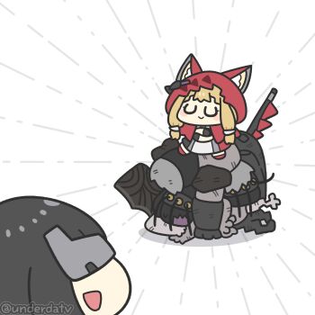 Rule 34 | 2girls, anger vein, animal ears, arknights, arknights: endfield, black hair, blindfold mask, blonde hair, cape, chibi, chibi only, closed eyes, closed mouth, commentary request, dress, ears through headwear, endministrator (arknights), female endministrator (arknights), highres, hood, hood up, hooded cape, korean commentary, mask, multiple girls, red cape, rossi (arknights), short hair, smile, speech bubble, spoken anger vein, tail, underdatv, white background, white dress, wolf ears, wolf girl, wolf tail