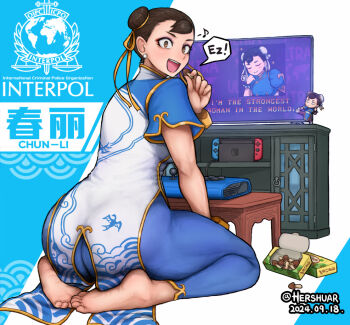 1girl arcade_stick artist_name ass barefoot black_hair blue_pants capcom character_name china_dress chinese_clothes chocolate chun-li controller dated double_bun dress english_text feet game_controller hair_bun hershuar joystick kinoko_no_yama nendoroid nintendo_switch pants soles solo speech_bubble street_fighter street_fighter_6 street_fighter_ii_(series) television thick_thighs thighs tight_clothes tight_pants toes twitter_username victrix