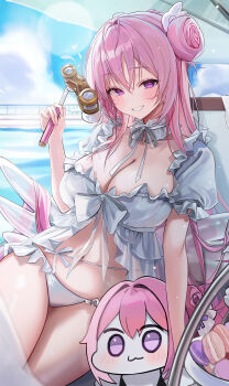 1girl :3 absurdres bikini blance blue_sky breasts cleavage cloud commentary_request doro_(nikke) dorothy_(nikke) dorothy_(serendipity)_(nikke) frilled_bikini frills goddess_of_victory:_nikke hair_bun highres holding_opera_glasses inflatable_wings large_breasts long_hair looking_at_viewer navel official_alternate_costume opera_glasses outdoors pink_hair purple_eyes single_side_bun sky smile solo swimsuit water white_bikini