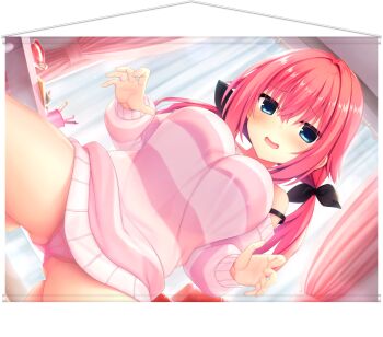 1girl barefoot black_bow blue_eyes blush bow breasts cameltoe cowboy_shot curtains dutch_angle eyes_visible_through_hair furrowed_brow gluteal_fold hair_between_eyes hair_bow hamidashi_creative hands_up highres indoors large_breasts long_hair long_sleeves looking_at_viewer low_twintails naughty_face official_art open_mouth panties pink_hair pink_panties pink_sweater sidelocks single_bare_shoulder smile solo squatting strap_slip striped_clothes striped_sweater sweater thighs tokiwa_kano transparent_background twintails underwear utsunomiya_tsumire