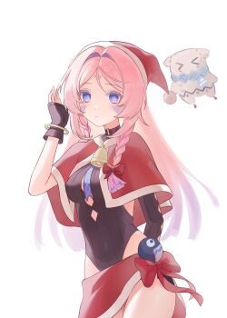 Rule 34 | 1girl, :t, absurdres, arm behind back, asymmetrical gloves, baccapy0806, bell, black gloves, black leotard, blue eyes, bow, bracelet, braid, breasts, capelet, citlali (genshin impact), citlalin (genshin impact), closed mouth, commentary, cowboy shot, english commentary, facial mark, fingerless gloves, forehead mark, genshin impact, gloves, gold bracelet, gradient hair, hair bow, hair intakes, hand up, hat, highres, jewelry, leotard, long hair, looking at viewer, multicolored hair, parted bangs, pink hair, pink pupils, pom pom (clothes), purple hair, red bow, red capelet, santa costume, santa hat, simple background, solo, triangle, triangle facial mark, uneven gloves, white background