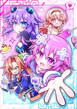 4girls absurdres aijiro83 bare_shoulders blue_eyes blush bow brown_hair choker commentary_request compa d-pad d-pad_hair_ornament dual_persona food green_eyes hair_ornament heart heart_choker highres hood hoodie if_(neptunia) jewelry long_hair multiple_girls neck_ring neon_trim neptune_(neptunia) neptune_(series) open_mouth power_symbol-shaped_pupils pudding purple_eyes purple_hair purple_heart_(lost_purple)_(neptunia) purple_heart_(neptunia) short_hair smile socks striped_clothes striped_socks striped_thighhighs sweater symbol-shaped_pupils thighhighs usb white_choker