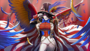 1girl absurdres bird_wings blackberreh-art breasts commission corset feathered_wings gloves grin hat highres jacket large_breasts original parrot_girl smile top_hat wings