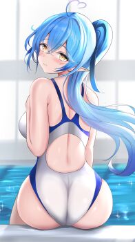 Rule 34 | 1girl, absurdres, ass, backboob, bare shoulders, blue hair, blush, breasts, commentary request, competition swimsuit, elf, from behind, high ponytail, highres, hololive, indoors, large breasts, long hair, looking at viewer, looking back, one-piece swimsuit, pointy ears, ponytail, pool, sitting, solo, swimsuit, virtual youtuber, waniwani (wasabiwaniwani), white one-piece swimsuit, yellow eyes, yukihana lamy