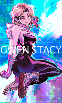 Rule 34 | 1girl, animification, ass, black bodysuit, blonde hair, blue eyes, bodysuit, breasts, character name, chromatic aberration, commentary request, fingerless gloves, floating hair, gloves, gwen stacy, hair behind ear, highres, hood, hood down, korean commentary, margare, marvel, medium breasts, medium hair, multicolored bodysuit, pink gloves, shoes, smile, sneakers, solo, spider-gwen, spider-man: across the spider-verse, spider-man (series), spider-verse, spider web print, two-tone bodysuit, v-shaped eyebrows, white bodysuit, white shoes